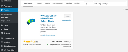 WP Easy Gallery search result in WordPress plugin admin screen